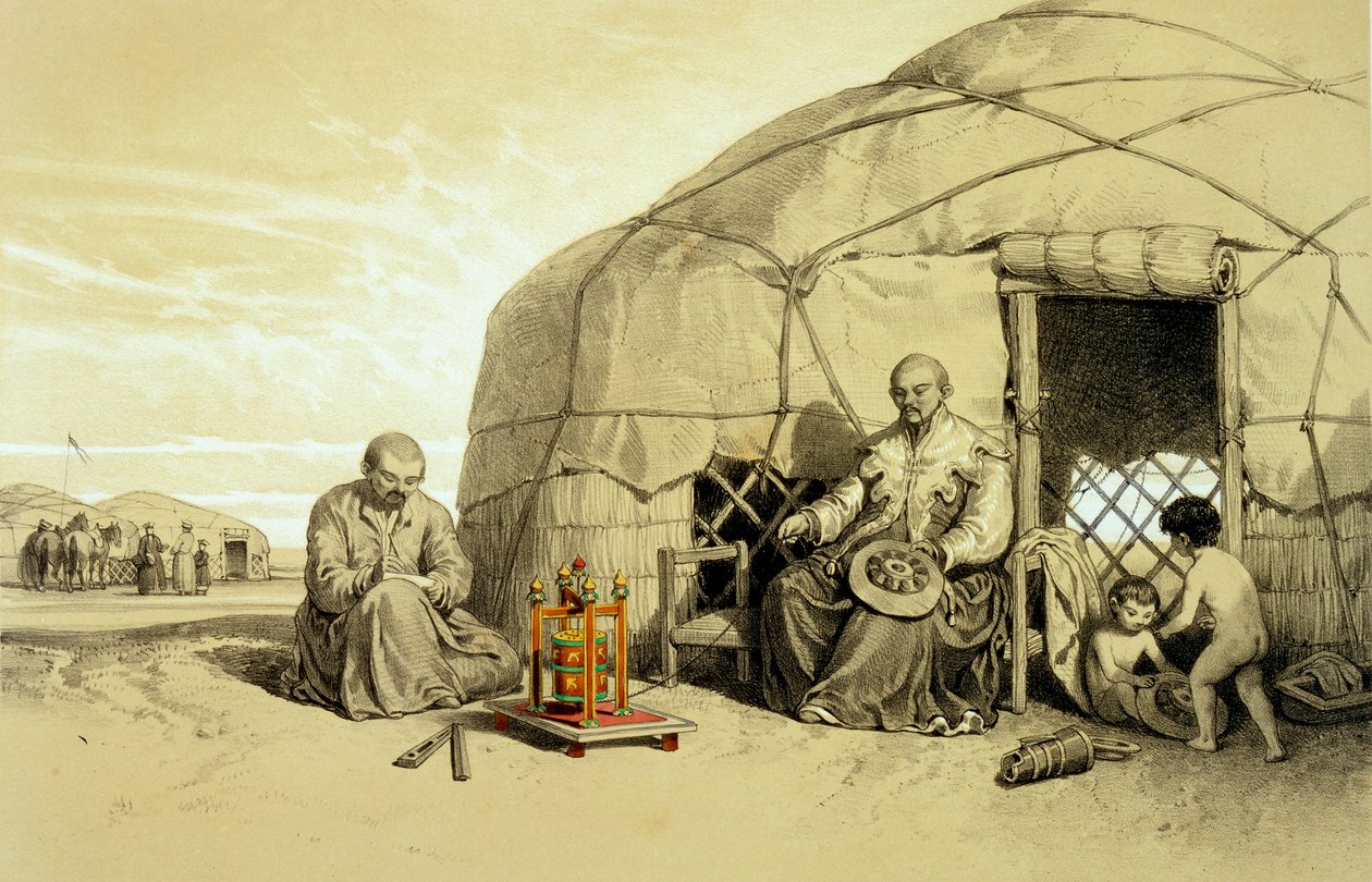 Kałmucy z kołem modlitewnym, Syberia, ilustracja z „Stepy Kaspijskie, Kaukaz, Krym i Południowa Rosja” Xaviera Hommaire