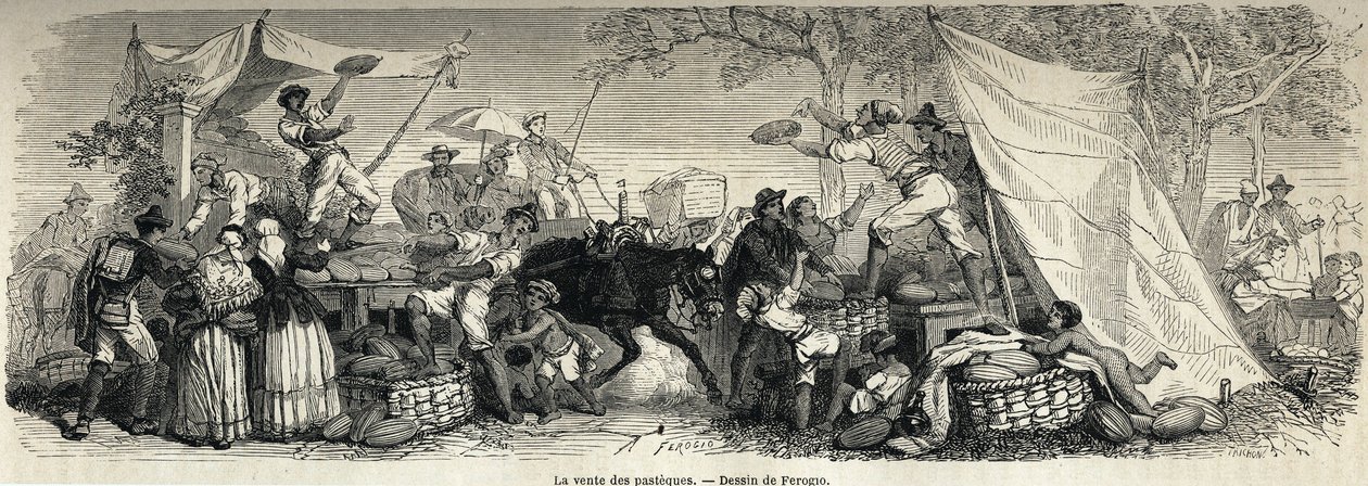 Sprzedaż arbuzów według rysunku Ferogio dla zilustrowania Neapolu i Neapolitańczyków w 1861 r. przez Marca Monniera (1829-1885). Grawer w „Le tour du monde” 1861. Kolekcja Selvy. autorstwa Francois Fortune Antoine (after) Ferogio