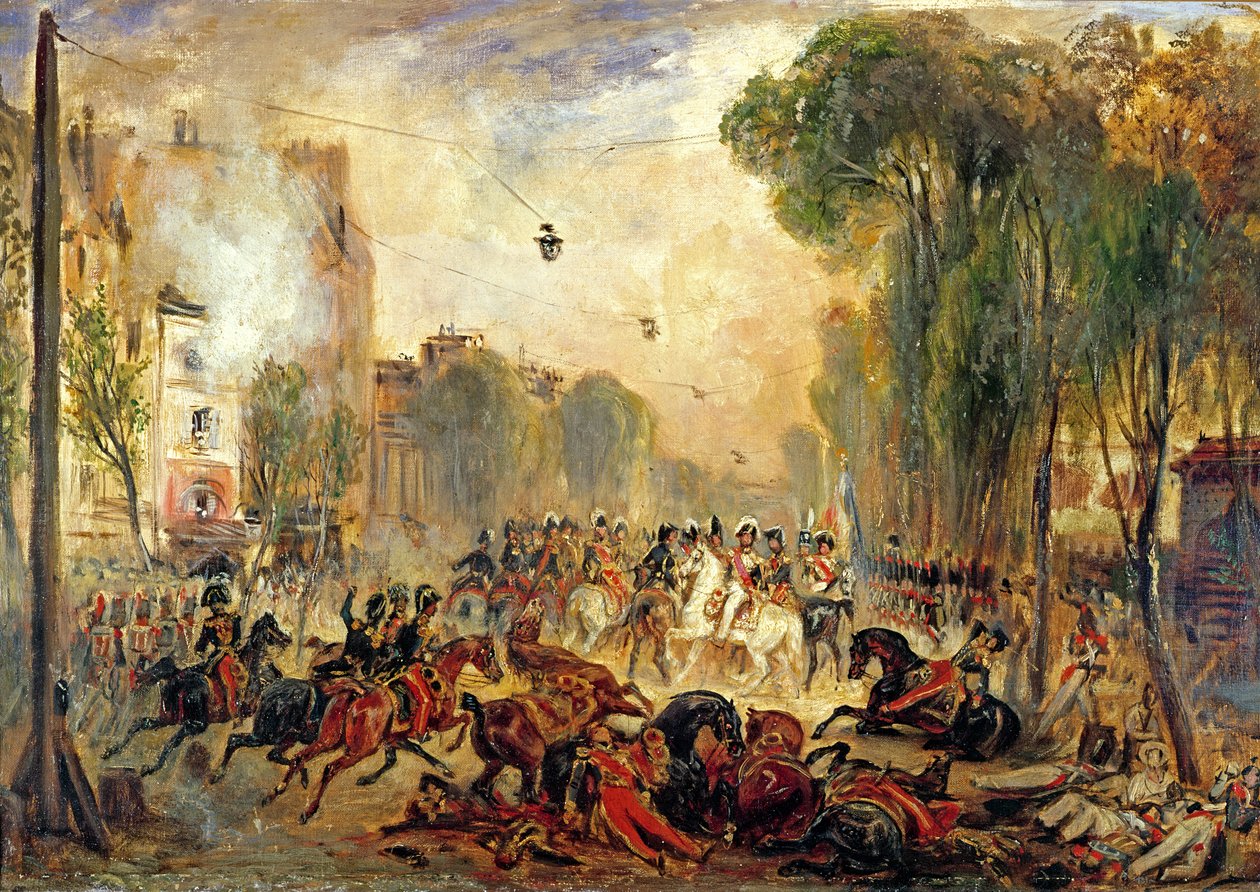 Zamach na króla Ludwika Filipa (1773-1850), Giuseppe Fieschi (1790-1836), Boulevard du Temple, 28 lipca 1835 (olej na płótnie) autorstwa Francois Gabriel Guillaume Lepaulle