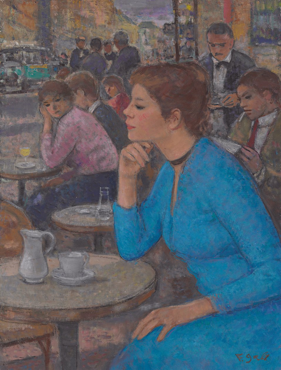 Eugenia w niebieskiej sukience w „Deux Magots”, Paryż, ok. 1980 (olej na płótnie) autorstwa Francois Gall
