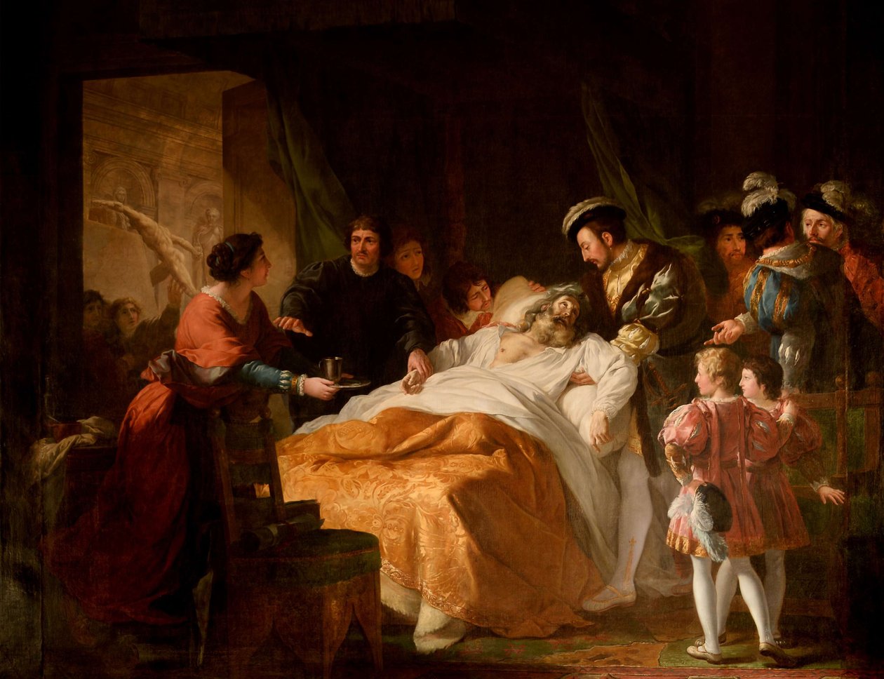 Śmierć Leonarda da Vinci w ramionach Franciszka I, 1781. autorstwa Francois Guillaume Menageot