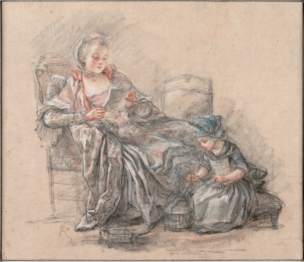 Kobieta czytająca i dziewczyna grająca markizę de Pompadour z córką Alexandrine, ok. 1748 autorstwa Francois Guérin