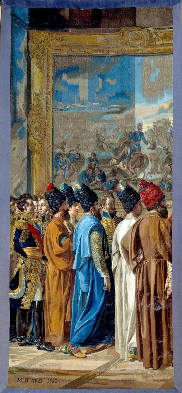 Napoleon I (1769-1821) przyjęty na zamku Finkenstein w Polsce, ambasador szacha perskiego Georges Outrey, wicekonsul Francji w Bagdadzie, przedstawia Mohammeda Mirza Rezę. Gobelin wykonany przez warsztat gobelinów przez Francois Henri Mulard autorstwa Francois Henri Mulard