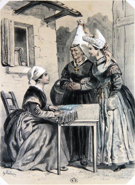 Koronkarze z Caen w Normandii, z „La Normandie Illustree”, sztychowane przez Charpentiera, wydane w Nantes 1852 (kolor litho) autorstwa Francois Hippolyte (after) Lalaisse
