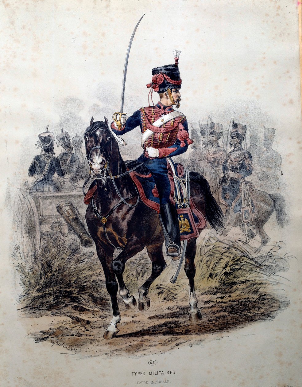 Żołnierz Gwardii Cesarskiej na koniu. Litografia Francois Lalaisse (1812-1884) 1860 Paryż, Sztuka dekoracyjna autorstwa Francois Hippolyte Lalaisse