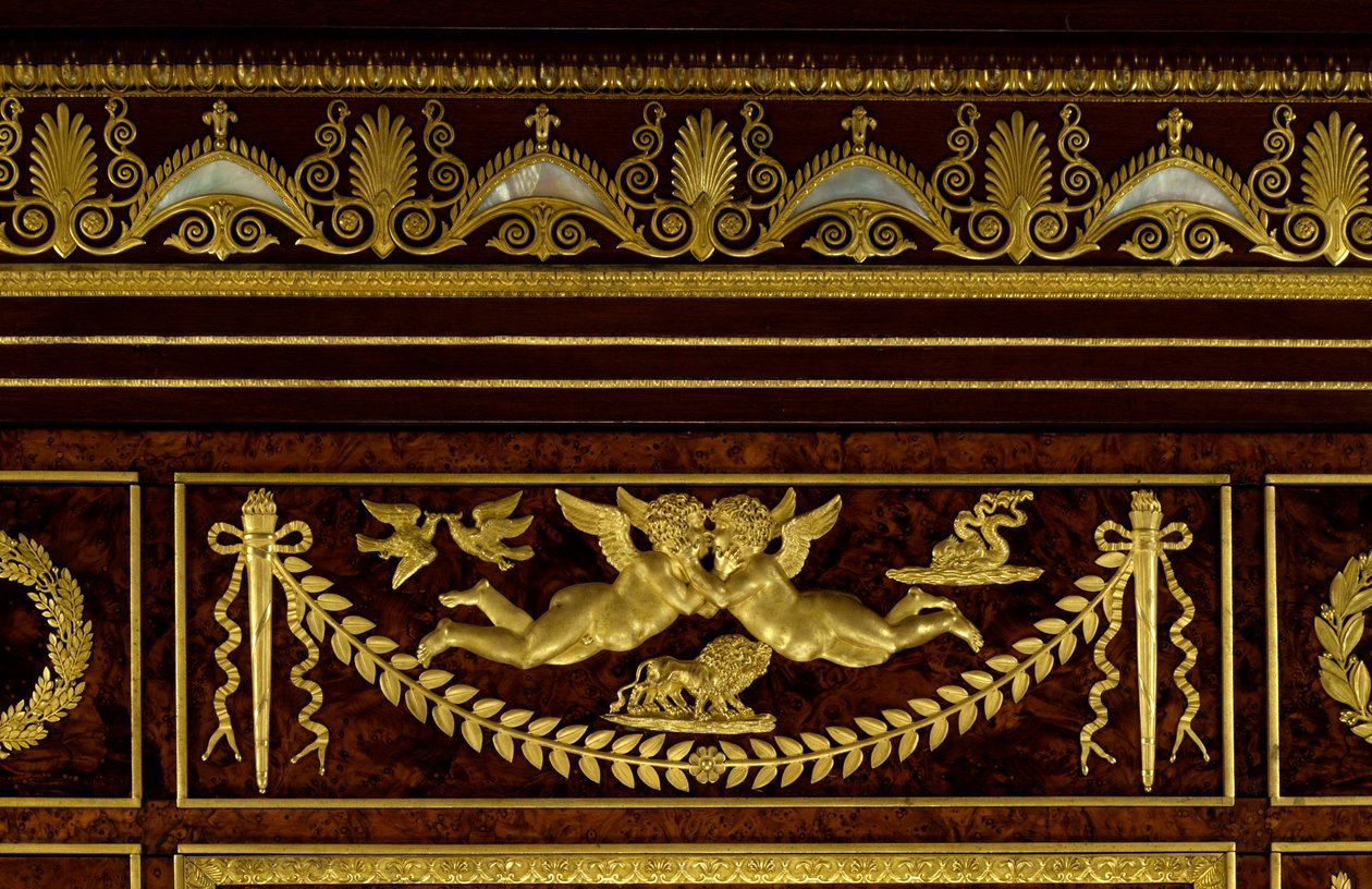 Meble: detale szafy klejnoty szklarniowe Impress Josephine de Beauharnais (Marie-Joseph-Rose de Tascher de la Pagerie) (Marie Joseph Rose) (1763-1814) wykonane z drewna, pozłacany brąz przez Francois Jacob-Desmalter (Jacob Desmalter ) (1770-1841) autorstwa Francois Honore Georges Jacob Desmalter