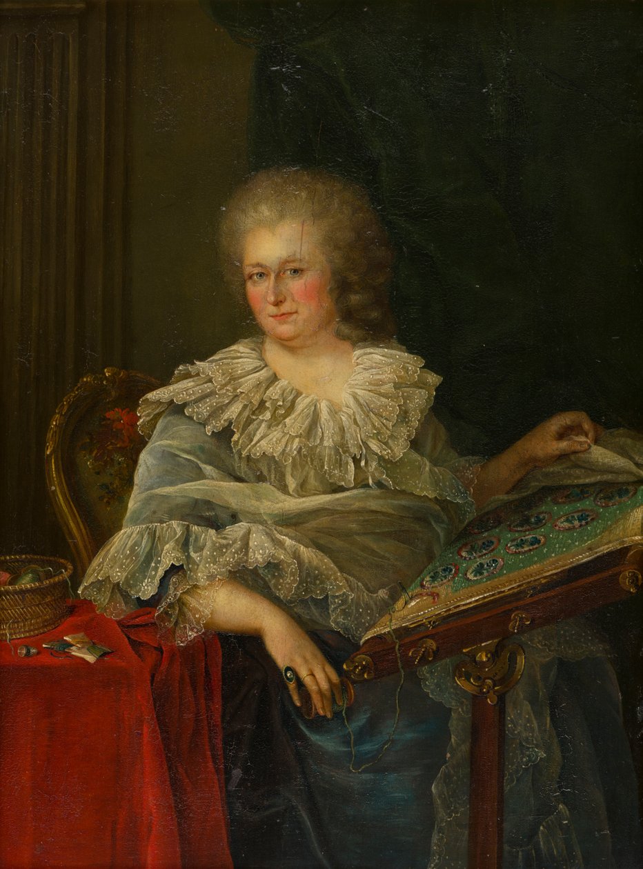 Portret wicehrabiny Torrington siedzącej przy hafcie, ok. 1747-75 (olej na desce) autorstwa Francois Hubert (follower of) Drouais