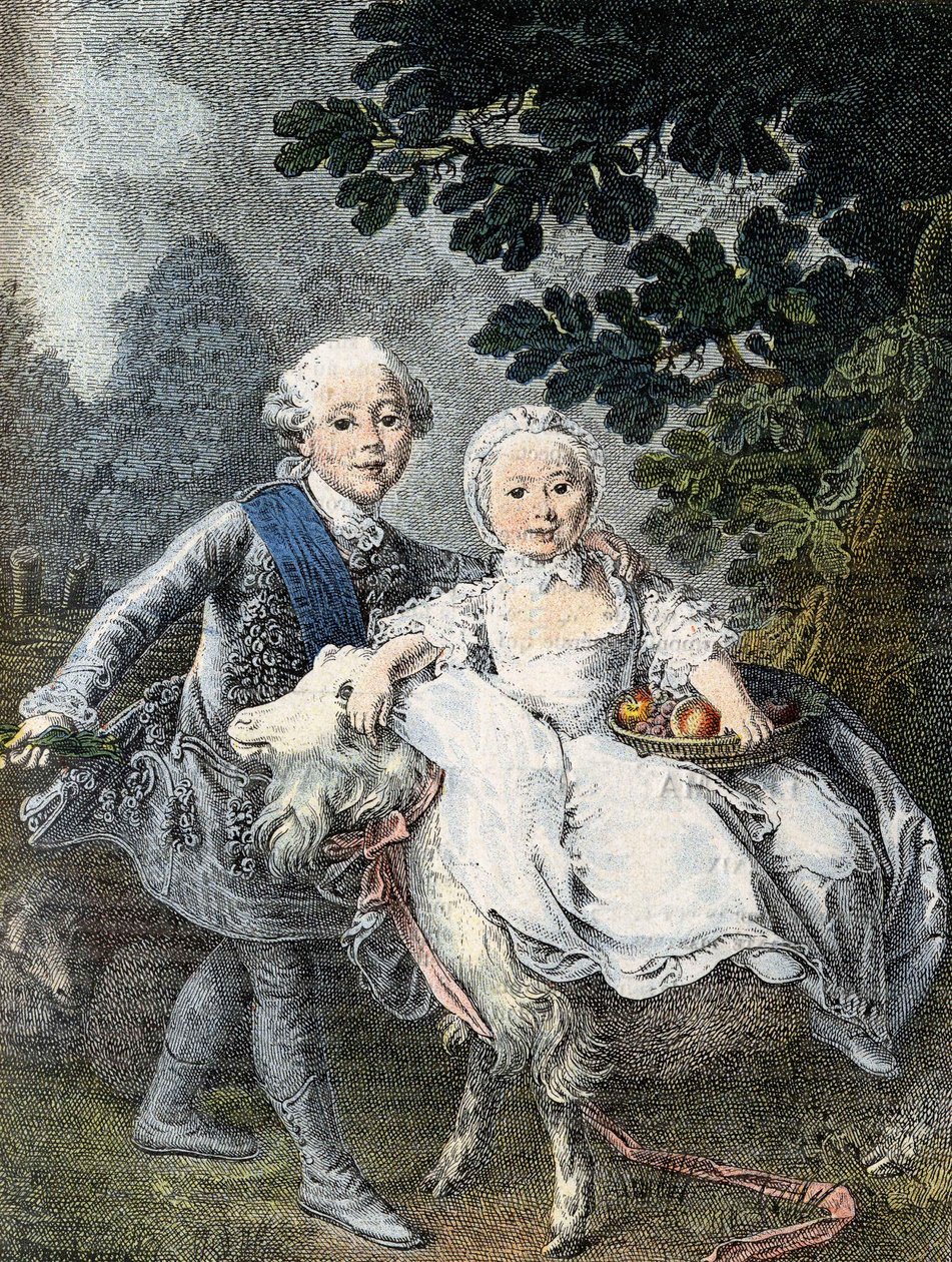 Dziecko hrabiego Artois (przyszły król Karol X) (1757-1836) i jego siostra Marie Clotilde Xavière (przyszła królowa Sardynii) (1759-1802) - reprezentowane w 1764 roku. Rycina XIX w. po obrazie François Hubert Drouais. autorstwa Francois Hubert (manner of) Drouais