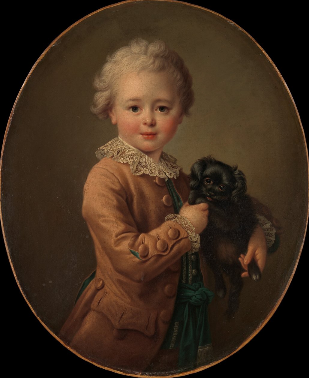 Chłopiec z czarnym spanielem. autorstwa Francois Hubert Drouais