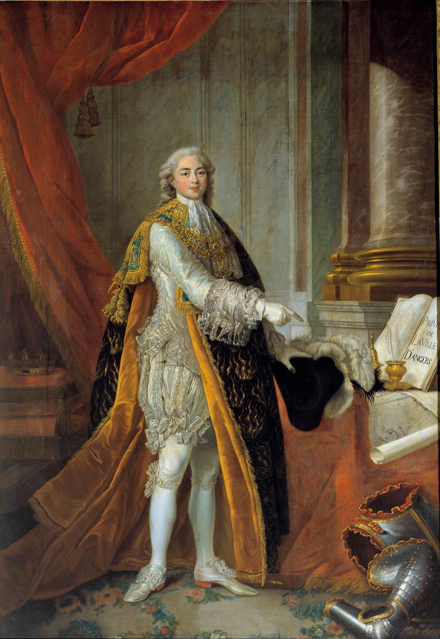 Portret u stóp Ludwika Stanisława Ksawerego z Francji (przyszły Ludwik XVIII), hrabiego Prowansji (1755-1824) w wielkim stroju Zakonu Ducha Świętego (Zakonu Ducha Świętego) i przedstawiający Przywileje Miasta Angers” ”””” Obraz Francois autorstwa Francois Hubert Drouais