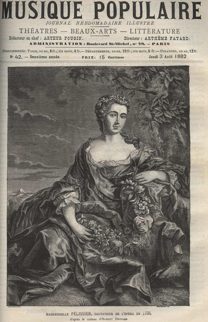 Portret Marii Pelissier (lub Pellissier) (1707-1749), francuskiej śpiewaczki operowej - rycina wg obrazu Huberta Drouais - rycina w tygodniku ilustrowanym „La musique populaire”” - 1882 autorstwa Francois Hubert Drouais