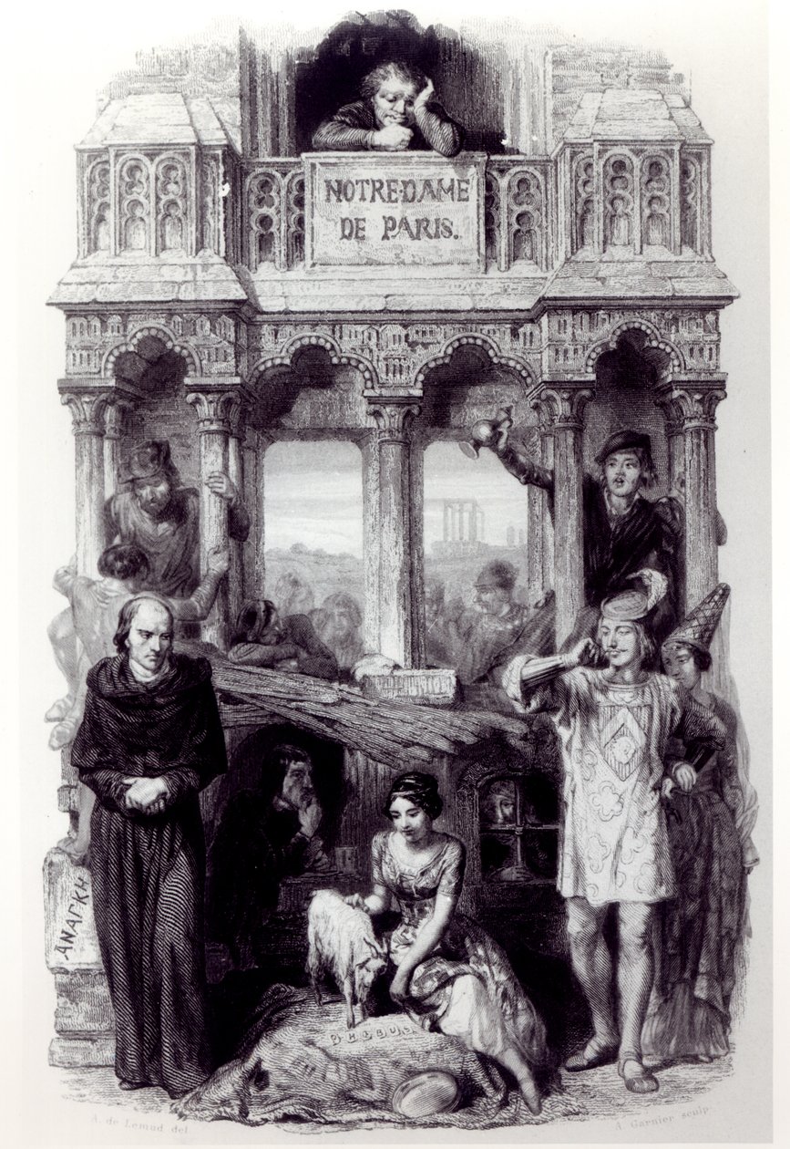 Frontyspis „Notre Dame de Paris” (1831) autorstwa Victora Hugo (1802-1885) rytowany przez Auguste Francois Garnier, 1844 autorstwa Francois Joseph Aime de Lemud