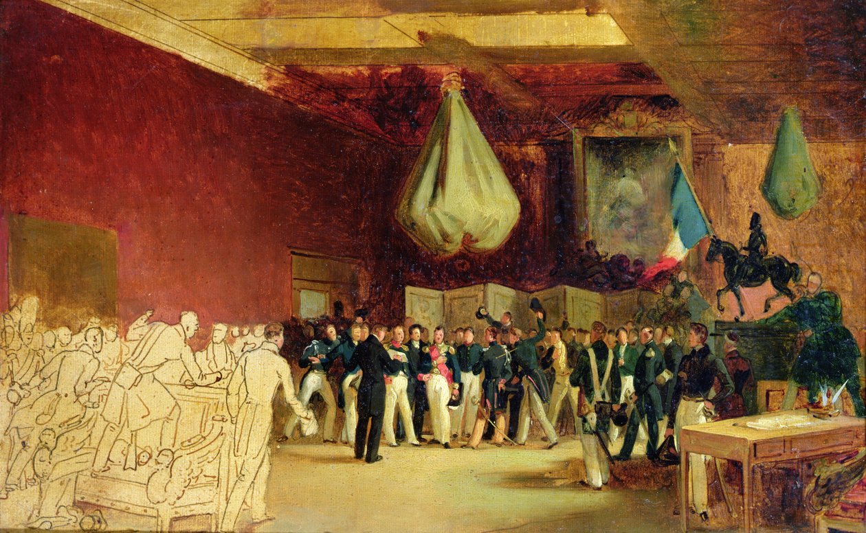 Izba Deputowanych przedstawia księciu Orleanu Ludwikowi Filipowi I (1773-1850) akt powołujący go do tronu oraz Kartę z 1830 r. w Pałacu Królewskim, 7 sierpnia 1830 r. autorstwa François Joseph Heim