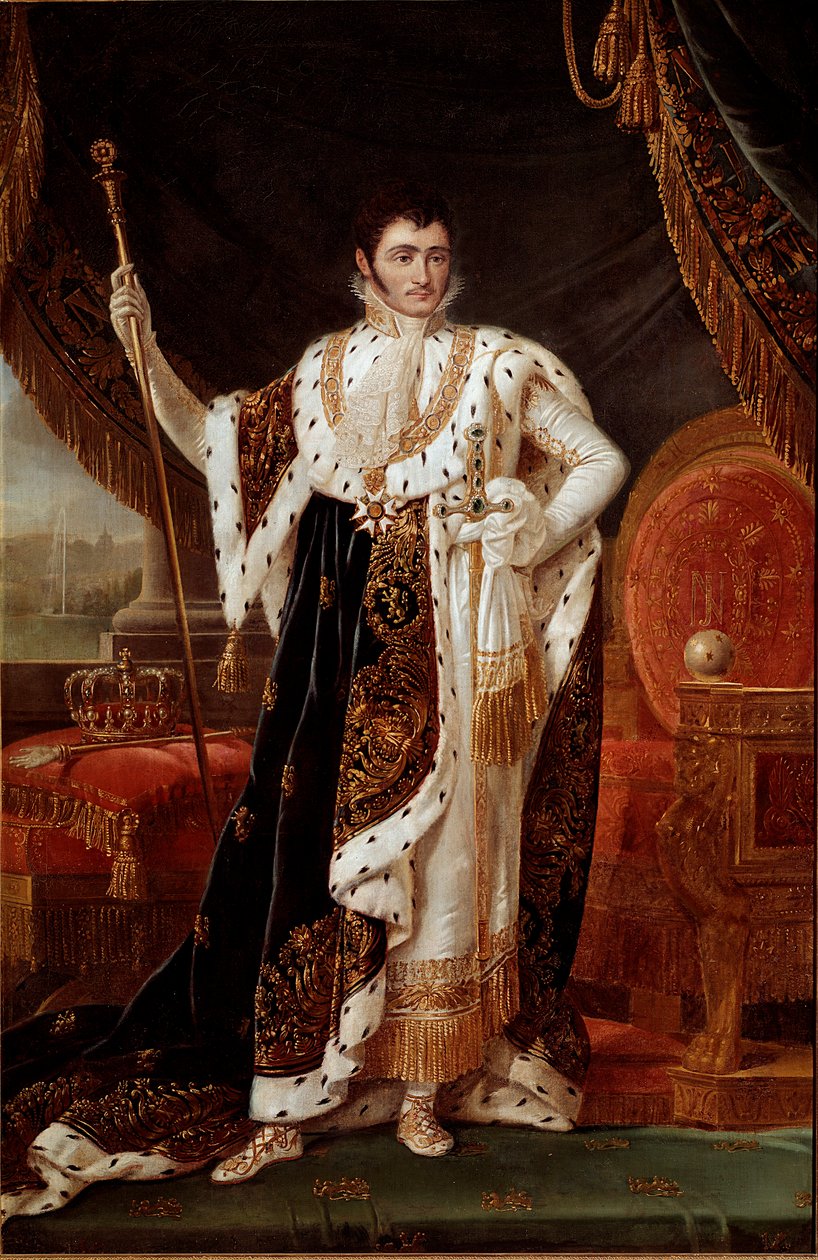 Portret króla Westfalii Jerome Bonaparte (1784-1860), przed ogrodami Wilhelmshohe Obraz Francois Joseph (Francois-Joseph) Kinson (1770-1839) lub Kinsoen. XIX w. niedz. 2,1x1,4 m Versailles musee du cheau autorstwa Francois Josephe Kinson