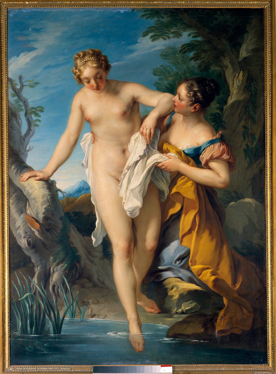 Kąpiąca się i jej kolejny obraz Francois Le Moyne (1688-1737). 18 wiek. Ciemny. 1,63 x 1,17 m Wycieczki, Musee des Beaux Arts autorstwa François Lemoyne