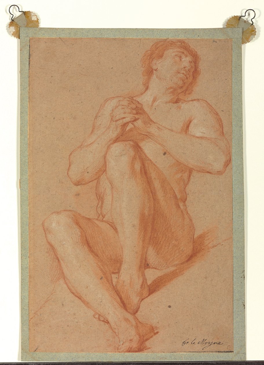Siedzący akt akademicki ze złożonymi rękami, ok. 1723-24 (czerwono-biała kreda na jasnobrązowym papierze) autorstwa François Lemoyne