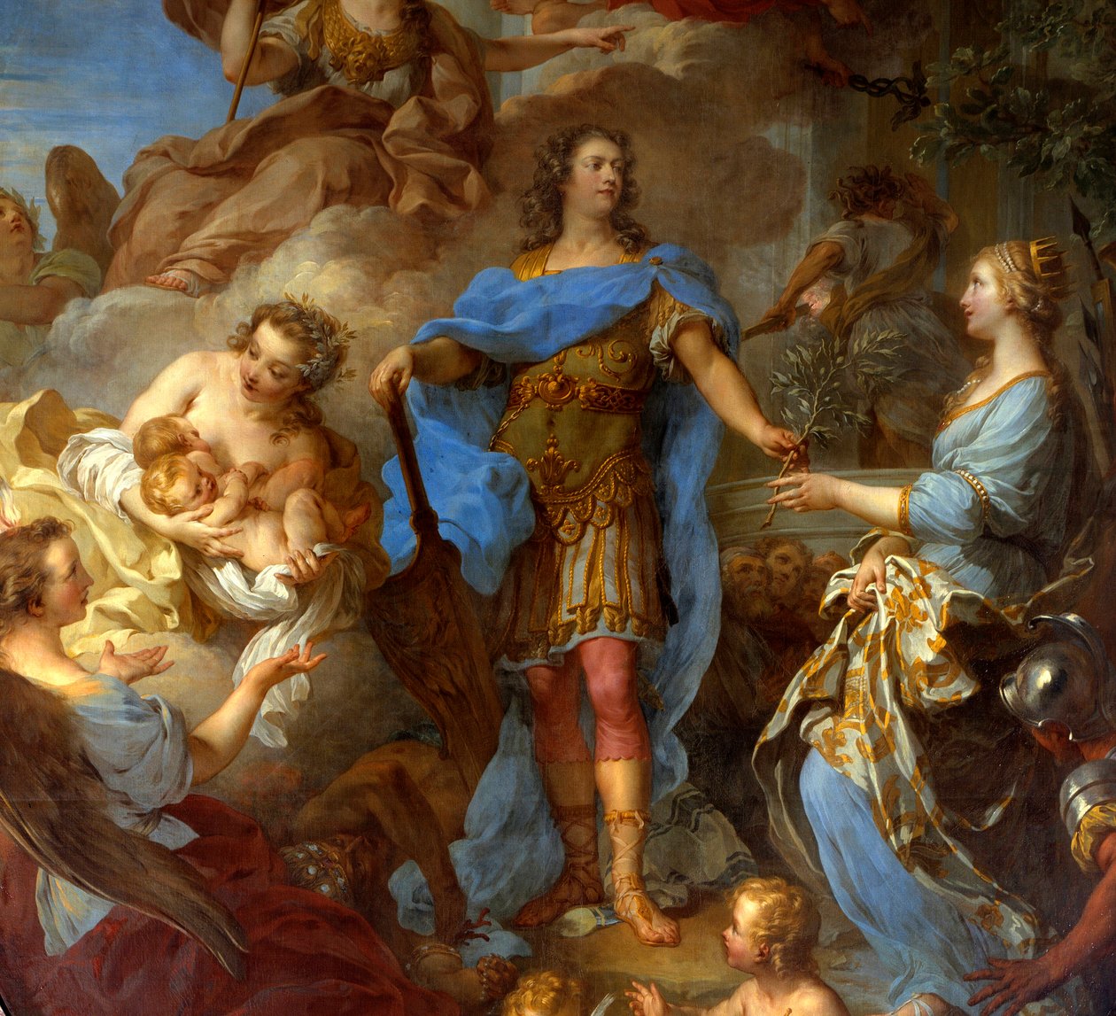 Fragment „” Król Ludwik XV (1710-1774) dający pokój Europie”” Alegoria w czasie traktatu sewilskiego, reprezentowana jest bogini Minerwa. Obraz Francois le Moyne (1688-1737) 1729 nd. 3,82x2,95 m - Fragment przedstawiający króla Ludwika XV (1710-1774) autorstwa François Lemoyne