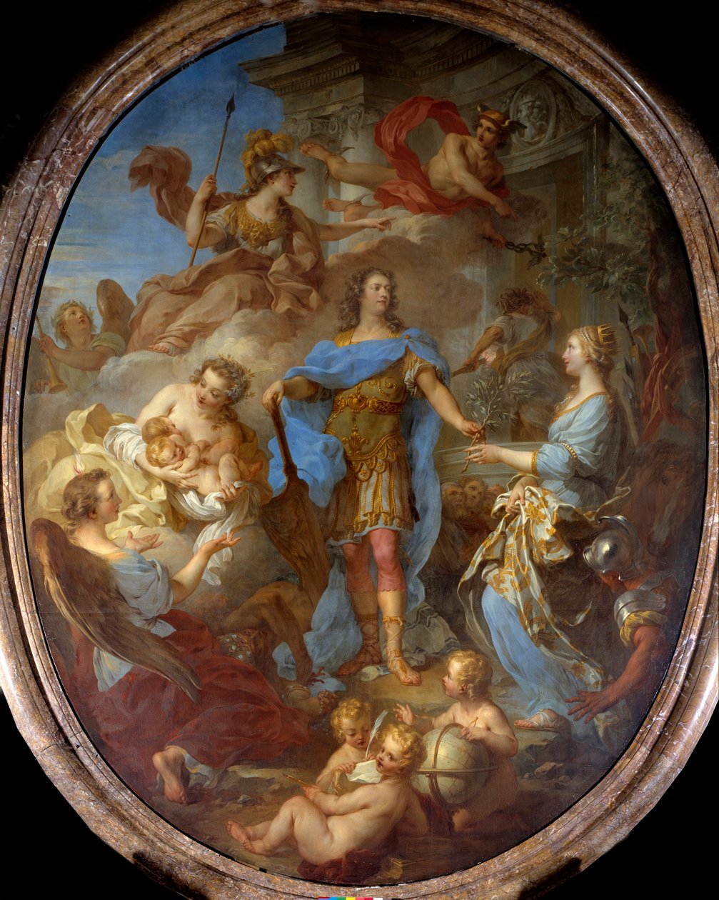 Król Ludwik XV (1710-1774) dający pokój Europie Alegorie w czasie traktatu sewilskiego reprezentowana jest bogini Minerwa. Obraz Francois le Moyne (1688-1737) 1729 nd. 3,82x2,95 m . autorstwa François Lemoyne