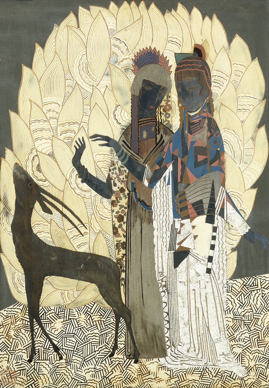 Dwie stylizowane kobiety z antylopą wśród liści, ok. 1928 (drewniany panel lakierowany i coquille d