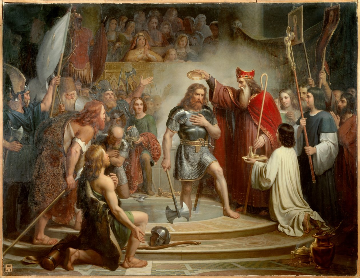 Chrzest Clovisa w Reims w dniu 25 grudnia 496 r. Obraz Francois Louis Dejuinne (1786-1844) autorstwa Francois Louis Dejuinne
