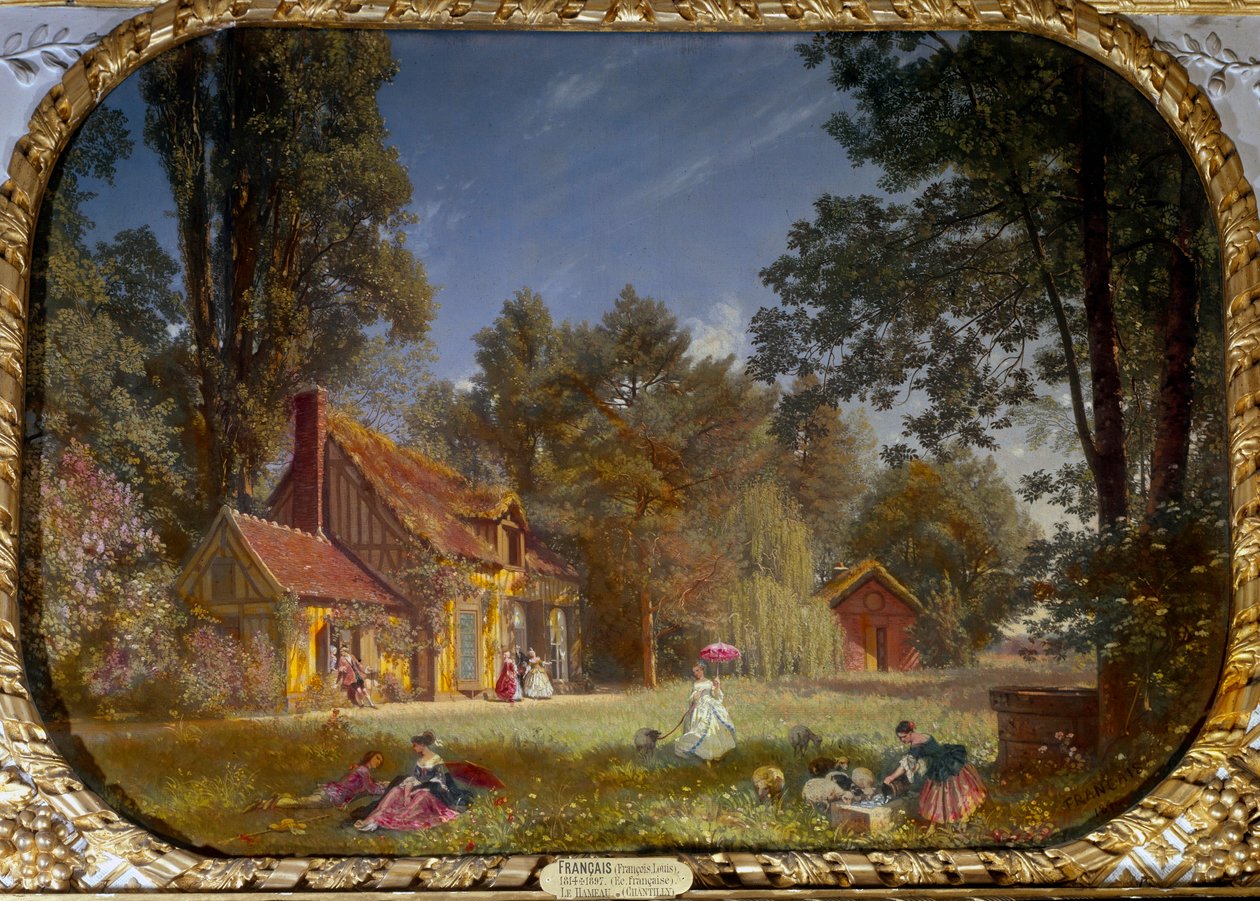 Widok na wioskę Chantilly. Budynek wybudowany przez architekta Jean Francois Leroy dla księcia Conde w latach 1772-1774. Obraz Francois Louis Francais (1814-1897) autorstwa Francois Louis Francais