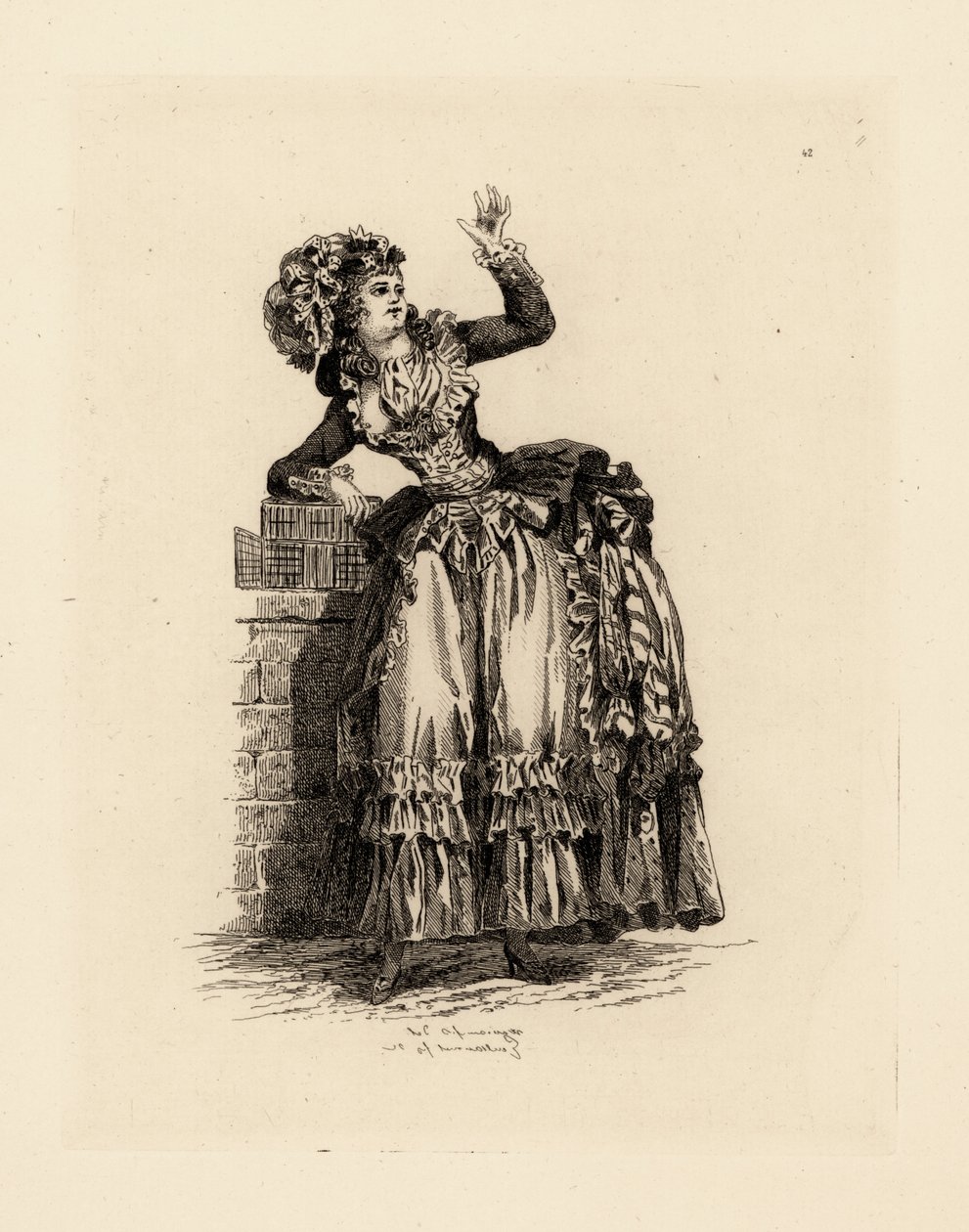 Modna kobieta w czepku a la Nicolet, epoka Marii Antoniny (akwaforta) autorstwa Francois Louis Joseph (after) Watteau