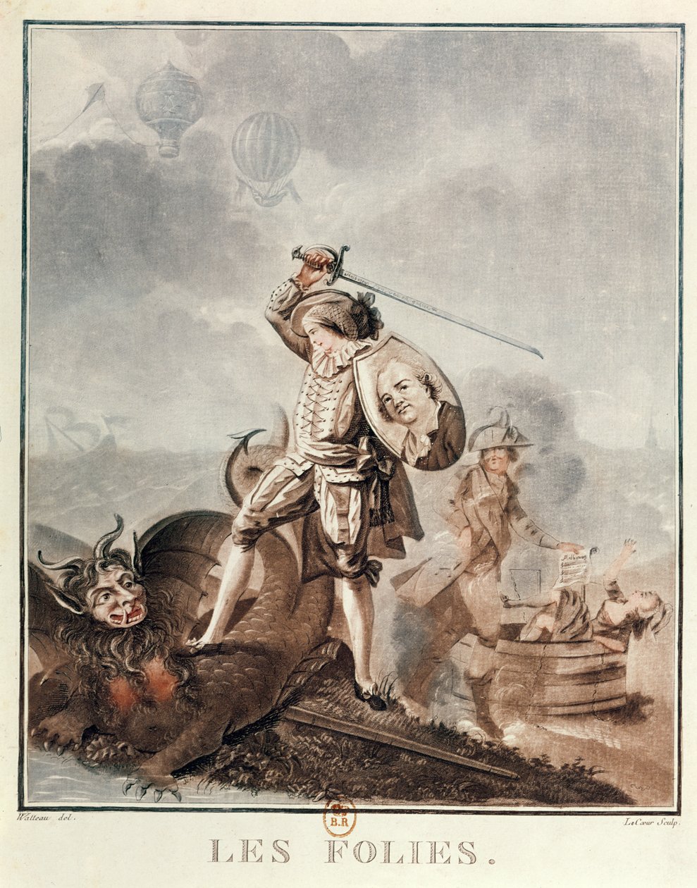 Figaro w walce z harpią, ok. 1786 (akwatinta) autorstwa Francois Louis Joseph Watteau