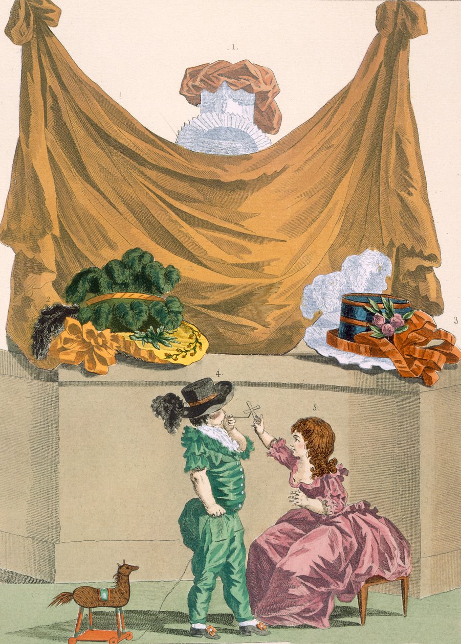 Kapelusze i ubrania dziecięce, wyryte przez Dupina, tabliczka nr 321 z "Galeries des Modes et Costumes Francais", 1780 r. autorstwa Francois Louis Joseph Watteau