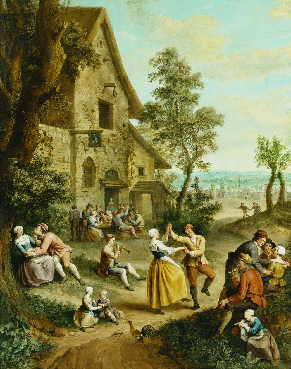 Chłopi tańczą i bawią się przed tawerną, za murami miasta, autorstwa Francois Louis Joseph Watteau