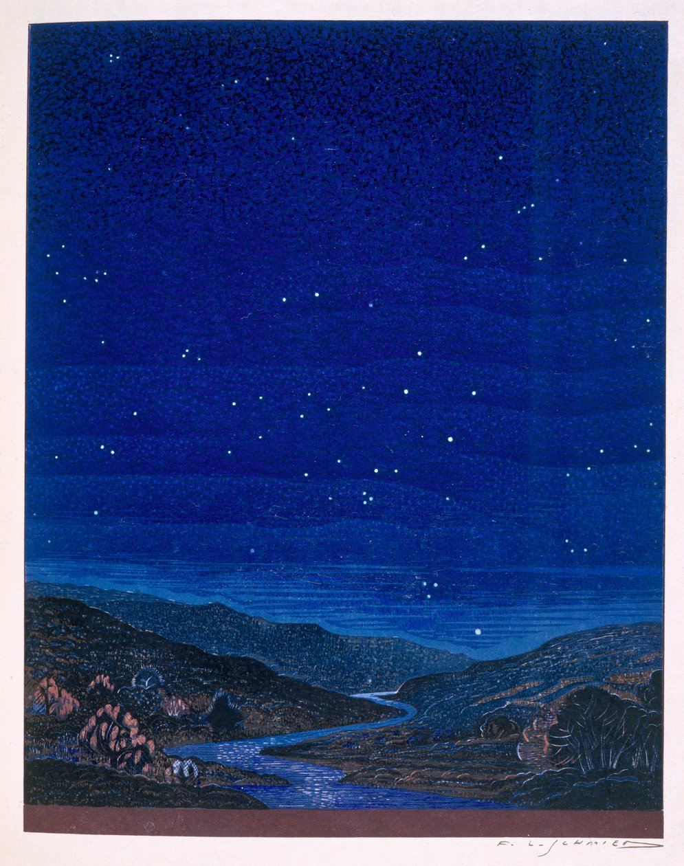 Pejzaż nocny, ilustracja z „Kim” Rudyarda Kiplinga, 1930 autorstwa Francois Louis Schmied