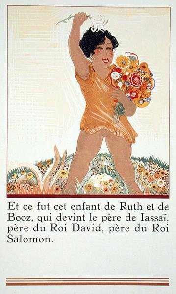 Obed, dziecko Rut i Boaza, z „Ruth et Booz”, przekład J.C. Mardrus, wydanie 1930 (kolorowa rycina) autorstwa Francois Louis Schmied