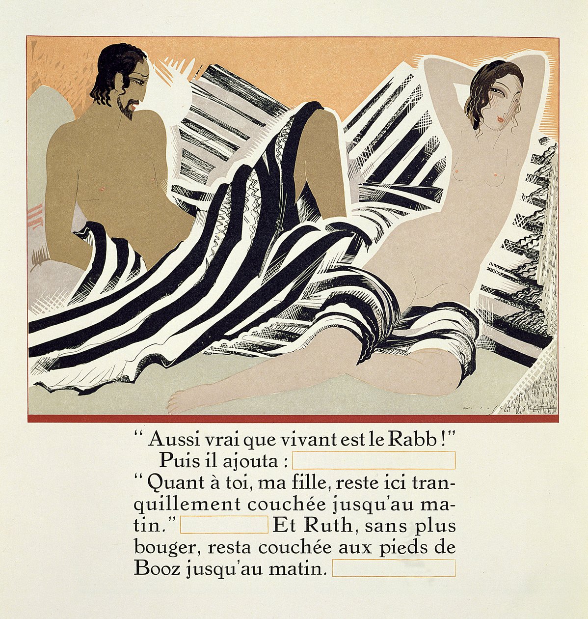 Ruth odpoczywająca u stóp Boaza, z „Ruth et Booz”, przekład J.C. Mardrus, wydanie 1930 autorstwa Francois Louis Schmied