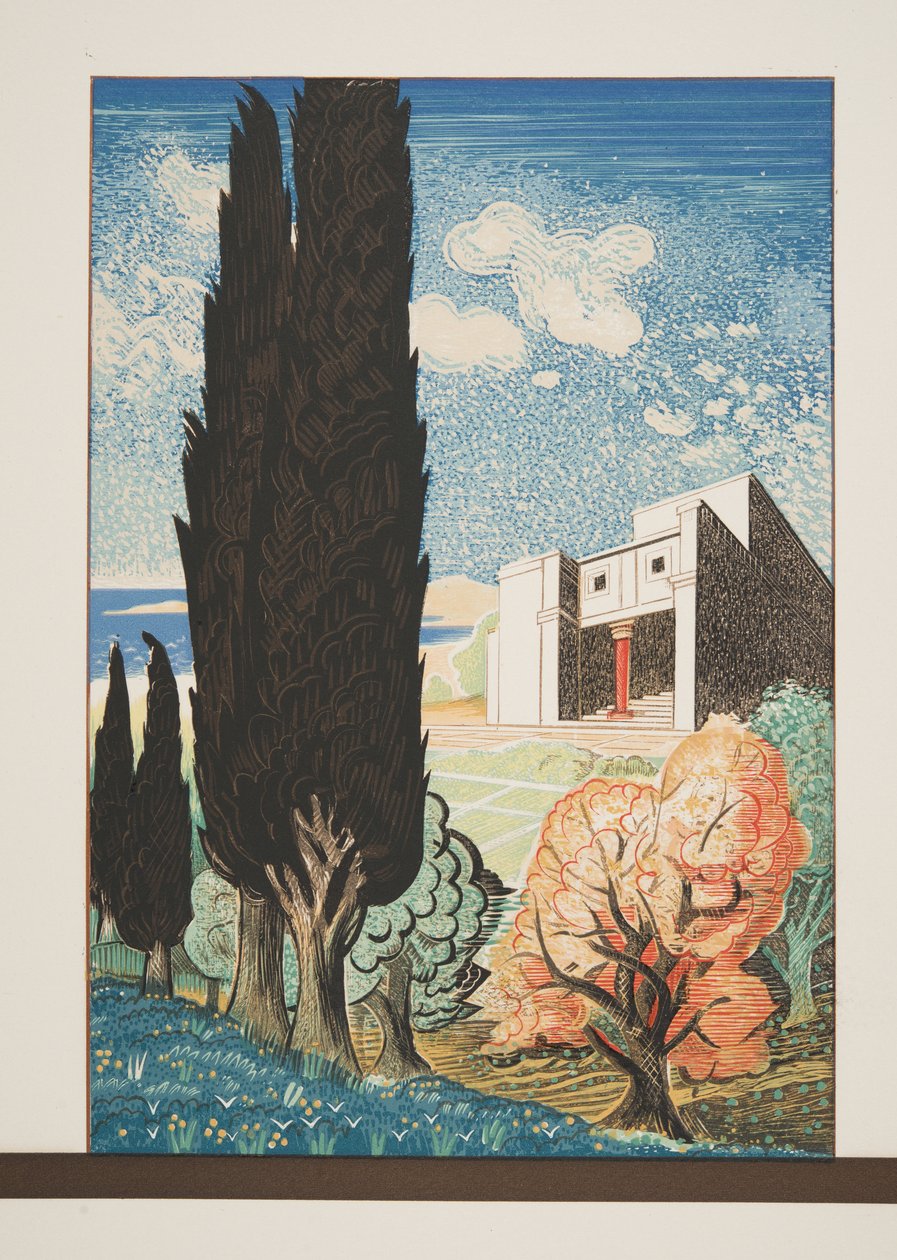 Świątynia z cyprysem, z Prometeusza w Łańcuchach Ajschylosa, wyd. 1941 (druk szablonowy) autorstwa Francois Louis Schmied