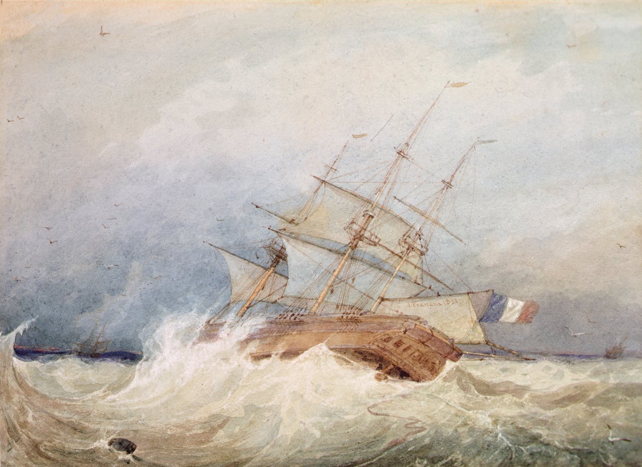 Francuska fregata w sztormowej pogodzie (akwarela) autorstwa Francois Louis Thomas Francia