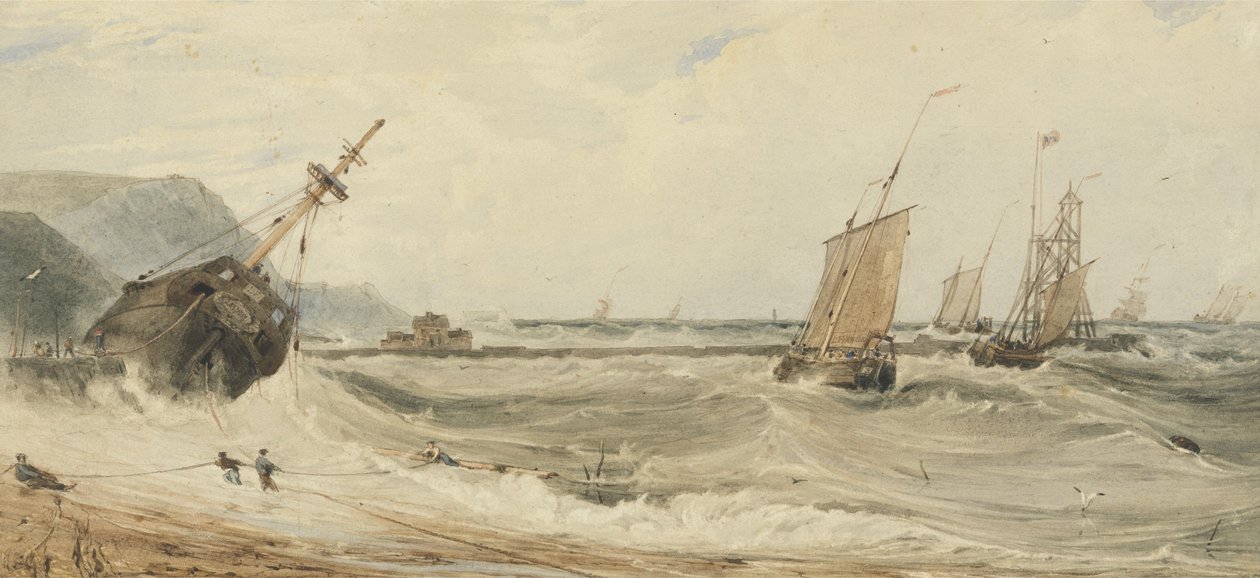 Port Boulogne (wc nad grafitem i kolor nadwozia na papierze) autorstwa Francois Louis Thomas Francia