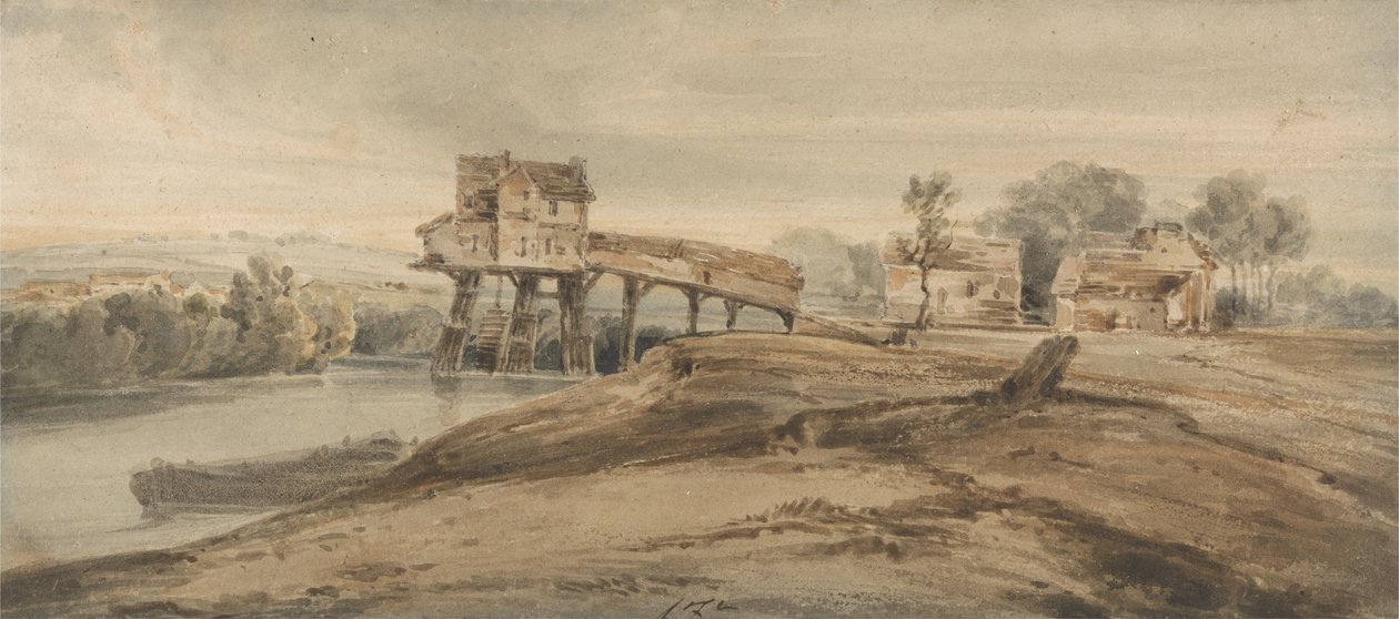 Młyn wodny nad mostem w Charenton, wg obrazu Thomasa Girtina (1775-1802) (wc nad grafitem na papierze) autorstwa Francois Louis Thomas Francia