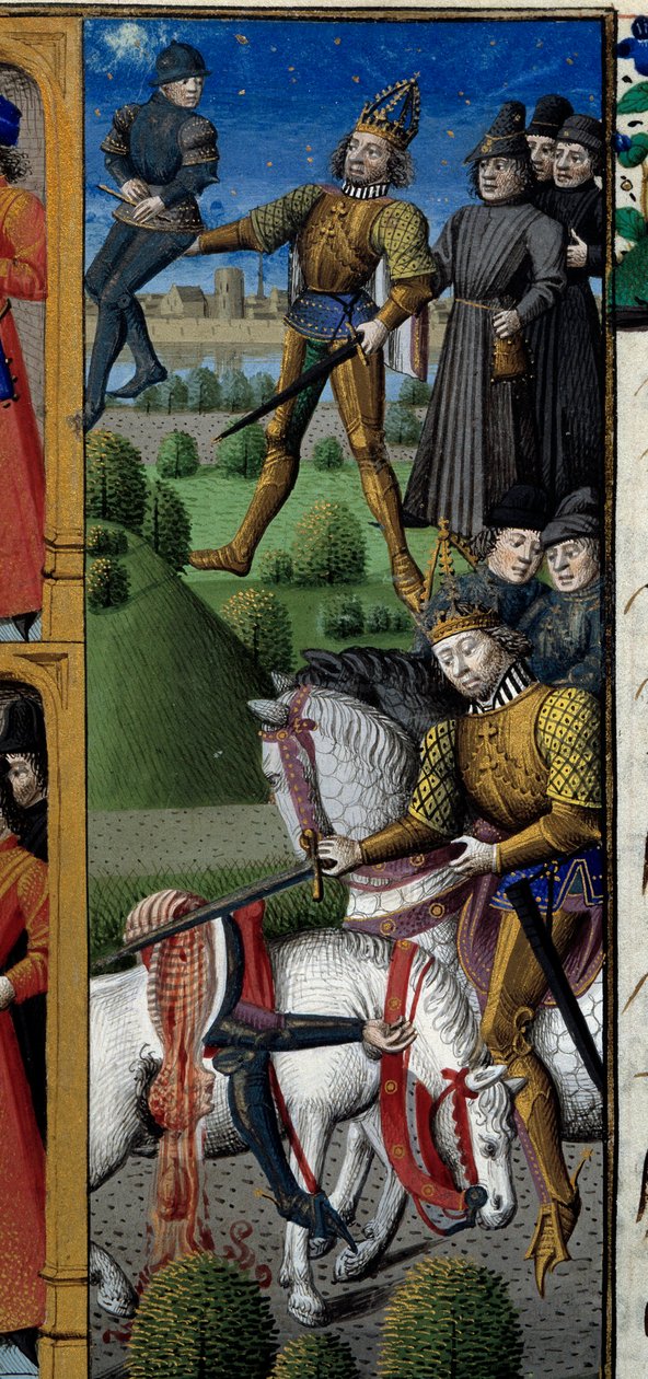 Sceny z życia Karola Wielkiego (742-814) Król Franków: scena walki. Małpa. Miniatura zaczerpnięta z rękopisu „Speculum historiale” (Le Mirror historyl) Vincenta de Beauvais (1184/94-1264) inluminowanego przez Mistrza Francois (XV w.) autorstwa Maître François