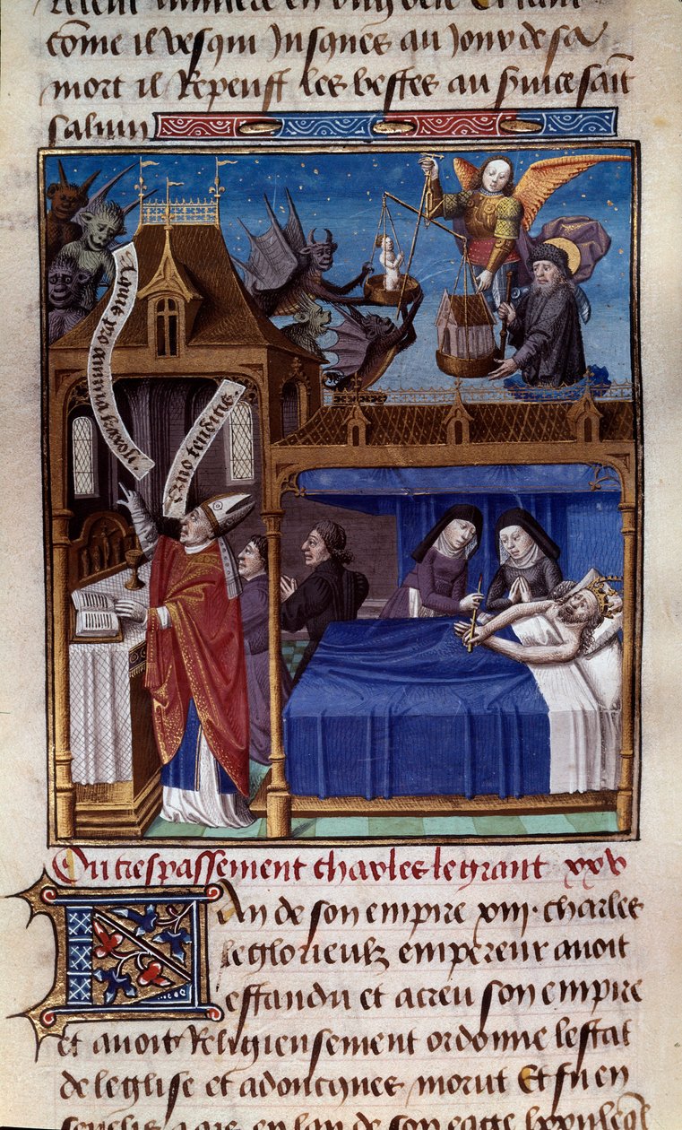 Śmierć Karola Wielkiego (742-814) Miniatura zaczerpnięta z rękopisu „Speculum historiale” (historia Le Mirror) autorstwa Wincentego de Beauvais (1184/94-1264) ogłoszonego przez Mistrza Francois (XV wiek). Chantilly, Muzeum Conde autorstwa Maître François