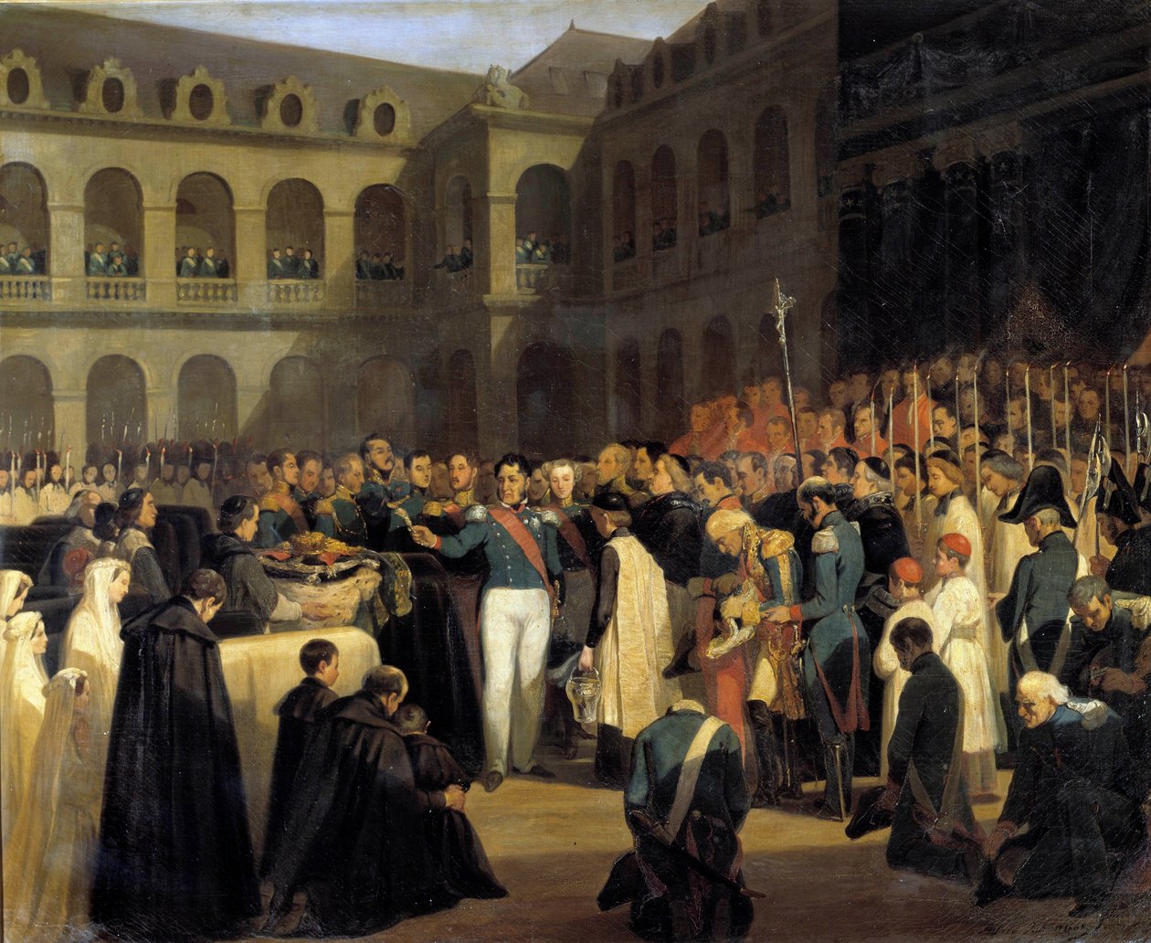 Pogrzeb ofiar ataku Fieschi w dniu 5 sierpnia 1835 r. w obecności króla Ludwika Filipa Atak Giuseppe Fieschiego (konspiratora korsykańskiego) miał miejsce 28 lipca 1835 r. na króla Francji Ludwika Filipa I, Boulevard du Świątynia w Paryżu. P autorstwa Francois Marius Granet