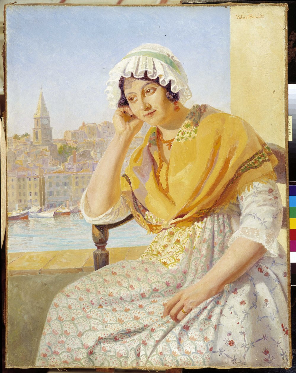 Madame Contencin na tarasie quai de Rive-Neuve w Marsylii. Obraz Francois Marius Valere Bernard (1860-1936), Wyróżnienie obowiązkowe: Kolekcja fundacji fundacji Prowansji, Marsylii. autorstwa Francois Marius Valere Bernard
