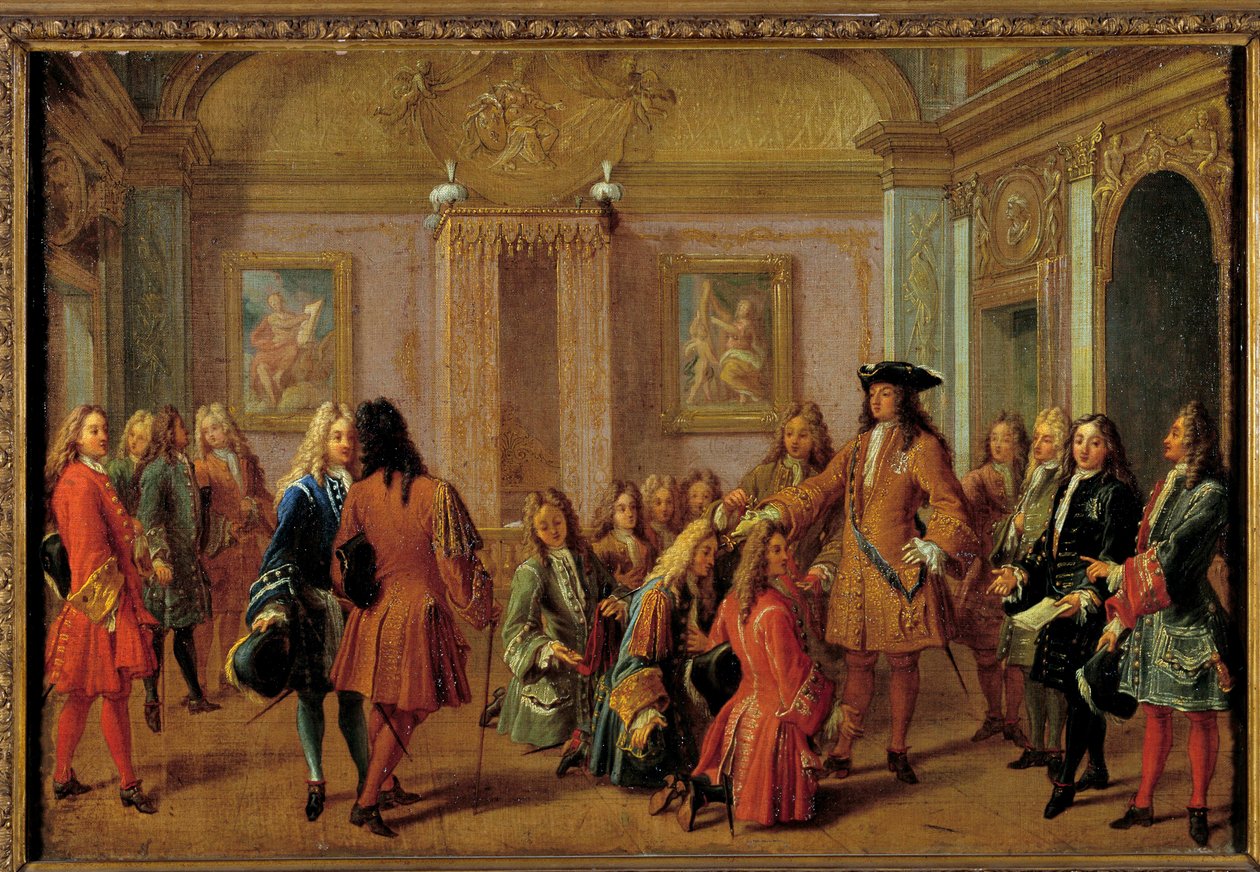 Pierwsza promocja rycerzy Zakonu Świętego Ludwika przez Ludwika XIV w Wersalu 8 maja 1693 r. Obraz Francois Marot (1666-1719) XVII w. Niedz. 51x0,76m. autorstwa Francois Marot