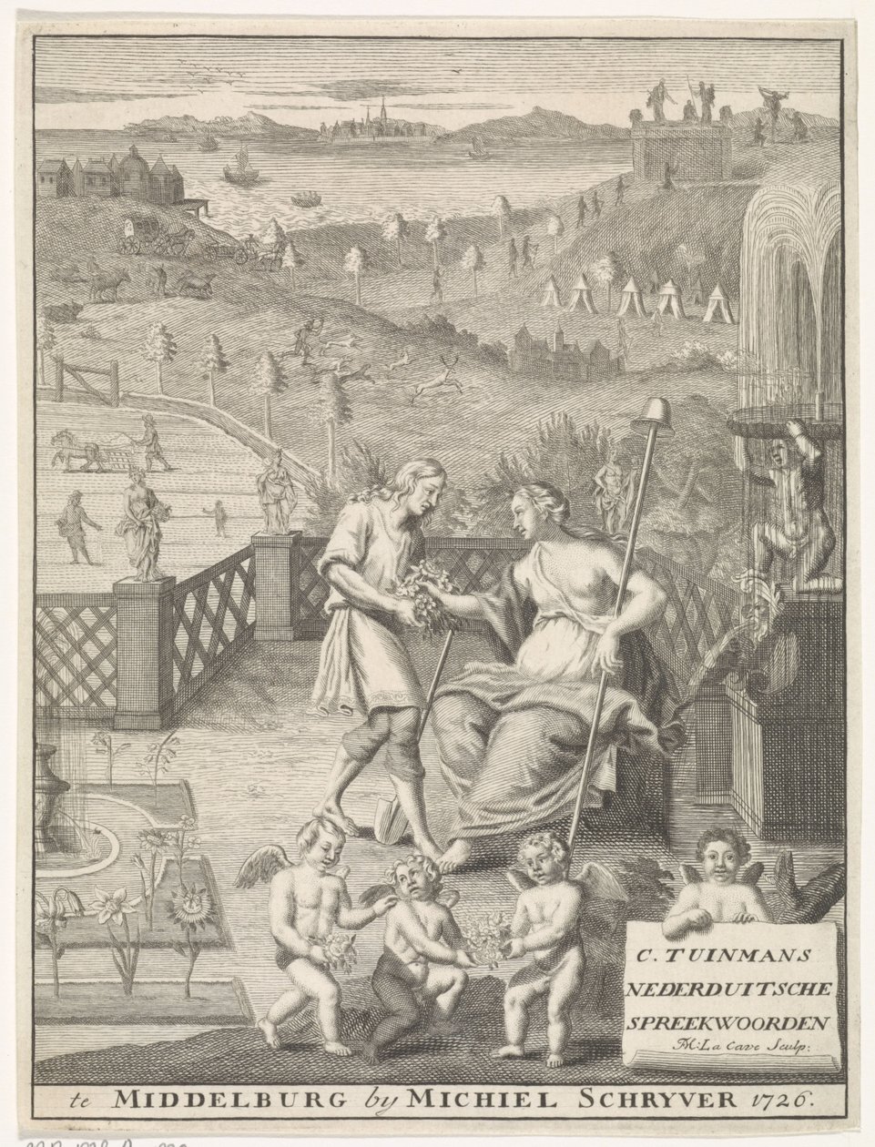 Holenderska dziewica otrzymuje kwiaty od ogrodnika Strona tytułowa za: Carolus Tuinman, Geneza i interpretacja (...) przysłów Nederduitsche, 1726. autorstwa Francois Morellon la Cave