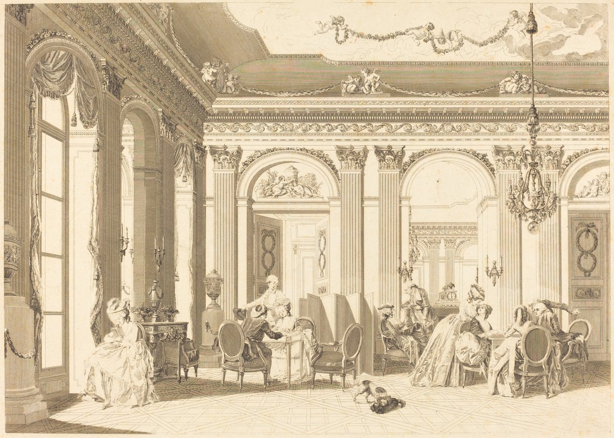 Montaż w salonie autorstwa Francois Nicolas Barthelemy Dequevauviller after Nicolas Lavreince