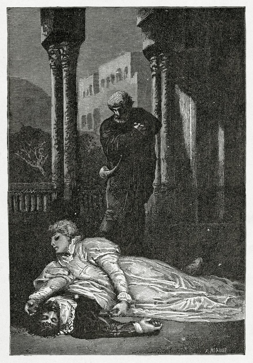 Dona Sol umiera na zwłokach Hernaniego, XIX w. (rycina bw) autorstwa Francois Nicolas Chifflart