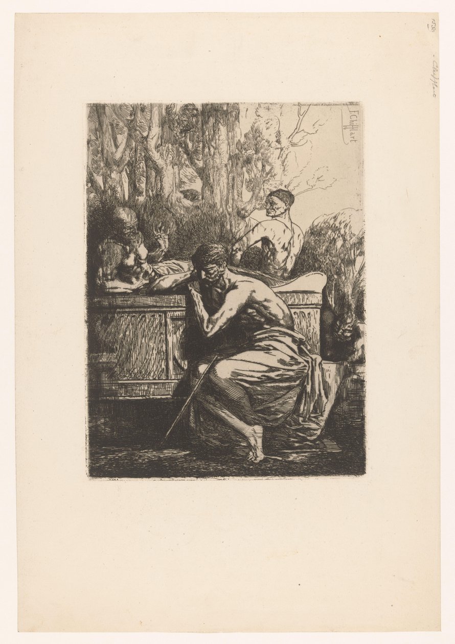 Klasyczny spektakl z mężczyznami wokół sarkofagu Homme devant un tombeau antique Improwizacje sur cuivre (tytuł serii) autorstwa Francois Nicolas Chifflart
