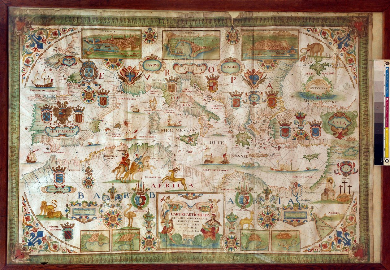 Mapa geograficzna Morza Śródziemnego ukazująca wybrzeża Europy (Francja, Hiszpania, Włochy i Afryka (Tunezja, Algieria, Egipt) Morze pełne jest potworów i karaweli, natomiast na lądzie widoczne są wszelkiego rodzaju zwierzęta i mieszkańcy rejestrować autorstwa Francois Ollive