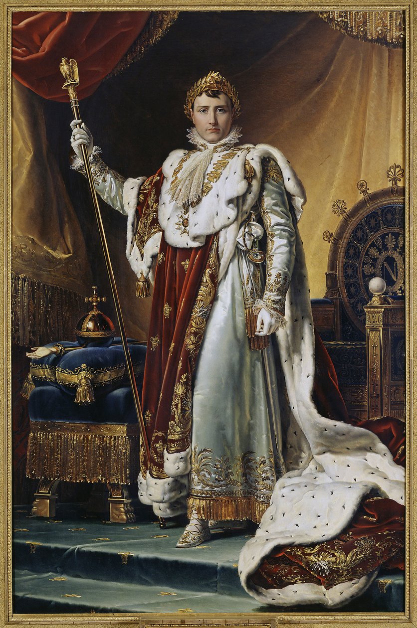 Portret cesarza Napoleona I Bonaparte (1769-1821) w stroju koronacyjnym. (Portret cesarza Napoleona I Bonaparte w szatach koronacyjnych). Obraz Francois Pascal Simon, baron Gerard (1770-1837), olej na płótnie, ok. 1804 r. Sztuka francuska autorstwa Baron François Pascal Simon Gérard