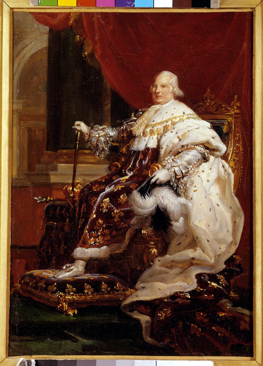 Portret en pied de Louis XVIII (1755-1824) en costume de corre Obraz Francois Gerard (1770-1837) 1814 Nd. 0,32 x 0,23 m - Pełnowymiarowy portret Ludwika XVIII (1755-1824) w szatach koronacyjnych. Obraz Francois Gerarda (1770-1837) autorstwa Baron François Pascal Simon Gérard
