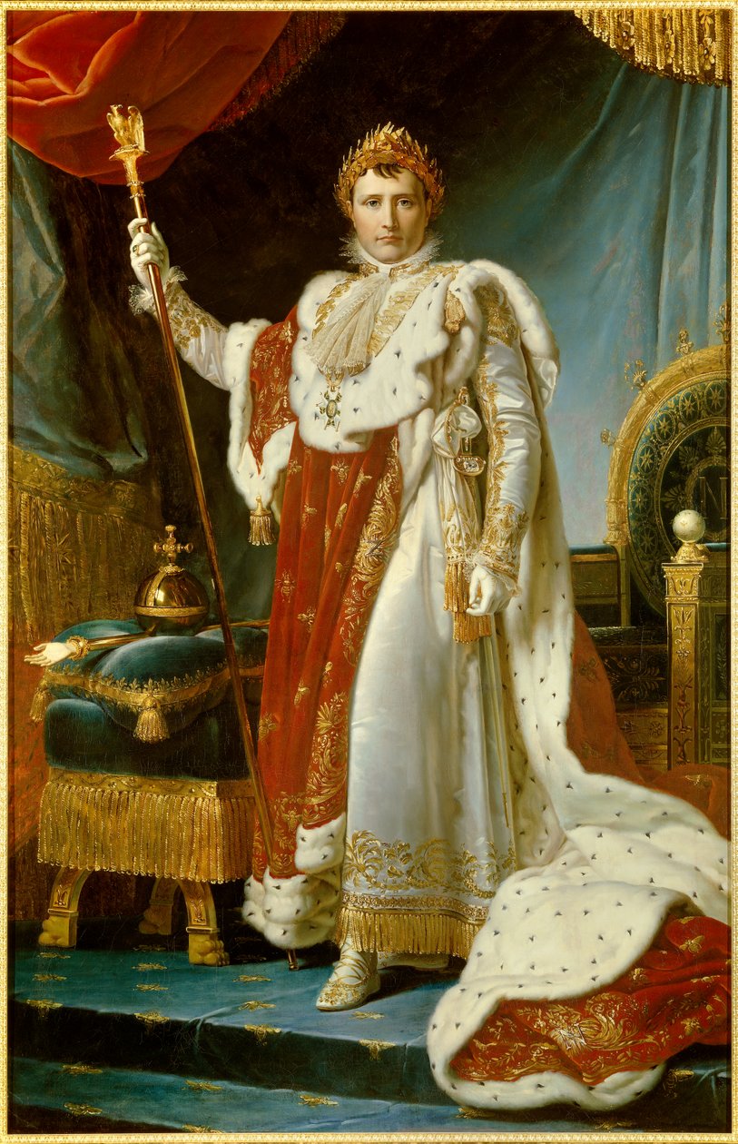 Portret u stóp Napoleona I w stroju sakralnym (1769-1821) Cesarza francuskiego Obraz Francois Gerarda (1770-1837). 1805. wym. 2,23 x 1,43 m. Wersal, musee du Chateau - Pełnowymiarowy portret Napoleona I w szatach koronacyjnych (1769-1821) Cesarz autorstwa Baron François Pascal Simon Gérard