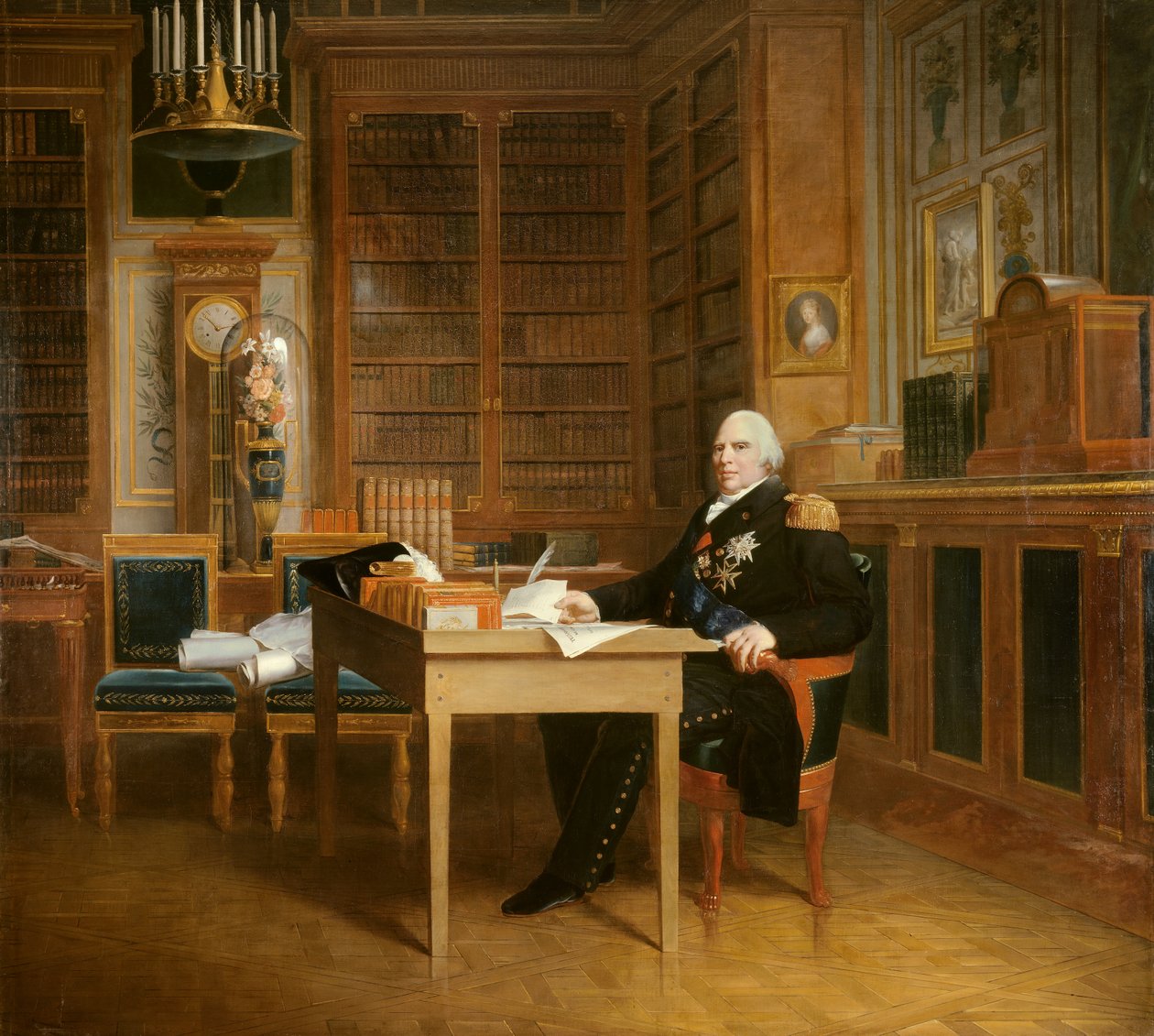 Portret Ludwika XVIII (1755-1824) ma swój gabinet w Tuileries, medytując nad obrazem Karty autorstwa Francois Gerarda (1770-1837) według Marigny. 19 wiek. Ciemny. 2,7x3,1m. - Portret Ludwika XVIII (1755-1824) rozmyślającego nad Kartą z siedzibą w autorstwa Baron François Pascal Simon Gérard